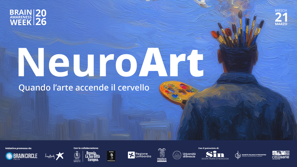 Grafica NeuroArt con un pittore e pennelli, declinazione visiva della rassegna Il Cervello in Scena.